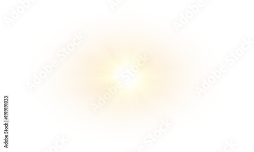 Yellow star flashed with sparkles sun isolated on white background. Soft glow without departing rays, sunlight with lens flare effect. PNG vector light effect.