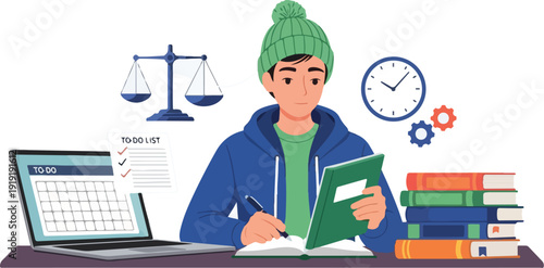 A focused student sits at a desk, writing in a notebook with a laptop and stack of books nearby, against a clean white background with a thoughtful mood.