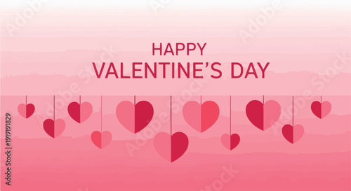 Graphic design featuring hanging hearts in various shades of pink with 'HAPPY VALENTINE'S DAY' text on a white and pink background.
