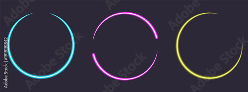 Colorful glowing neon light circle frames on dark background.