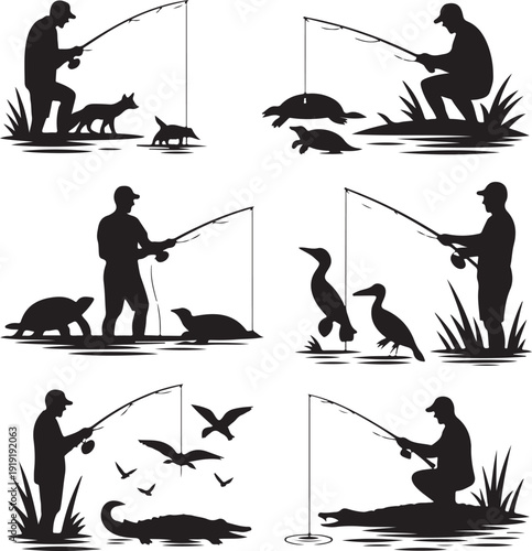 Silhouette of people fishing with various animals  men fishing rods wildlife