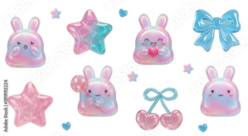 ゆめかわゼリー風3Dバニー＆スターセット ― ホログラフィックY2Kパステルアイコンコレクション