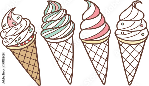 Delicious frozen dessert vector illustration of a sweet vanilla, chocolate, and strawberry ice cream cone in a crunchy wafer for a tasty summer snack icon