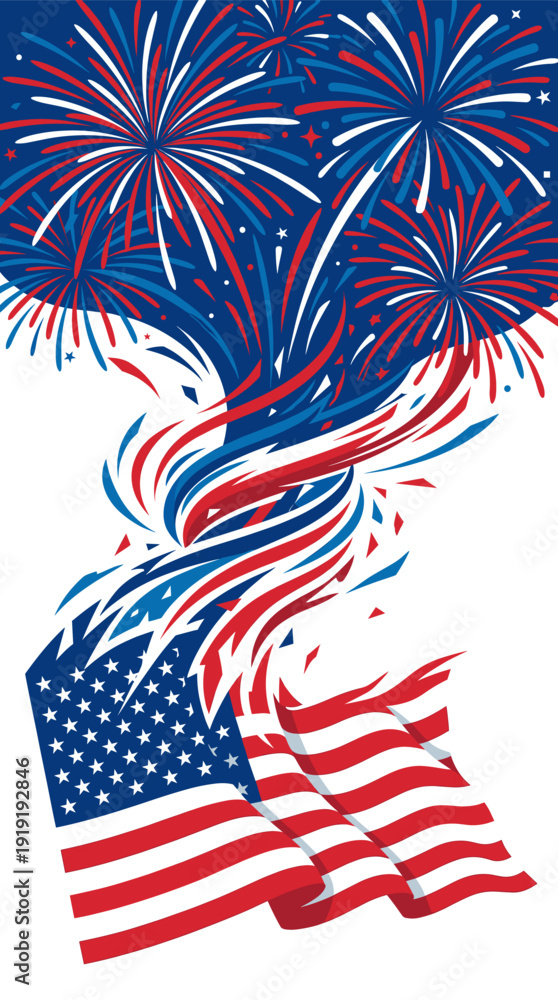 Fototapeta premium Festive fireworks display over an American flag, celebrating patriotism and national pride. The fireworks explode in vibrant red, white, and blue, creating a stunning visual display