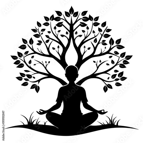 Meditation under the wisdom tree symbolizing inner peace and enlightenment Vector