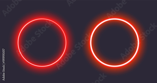 Glowing red and white neon circles on dark background.