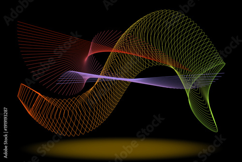 Abstract futuristic composition of flowing multicolored wireframe forms transforming into new geometric structures on a dark background. Concept of transition, evolution, continuity and dynamic motion