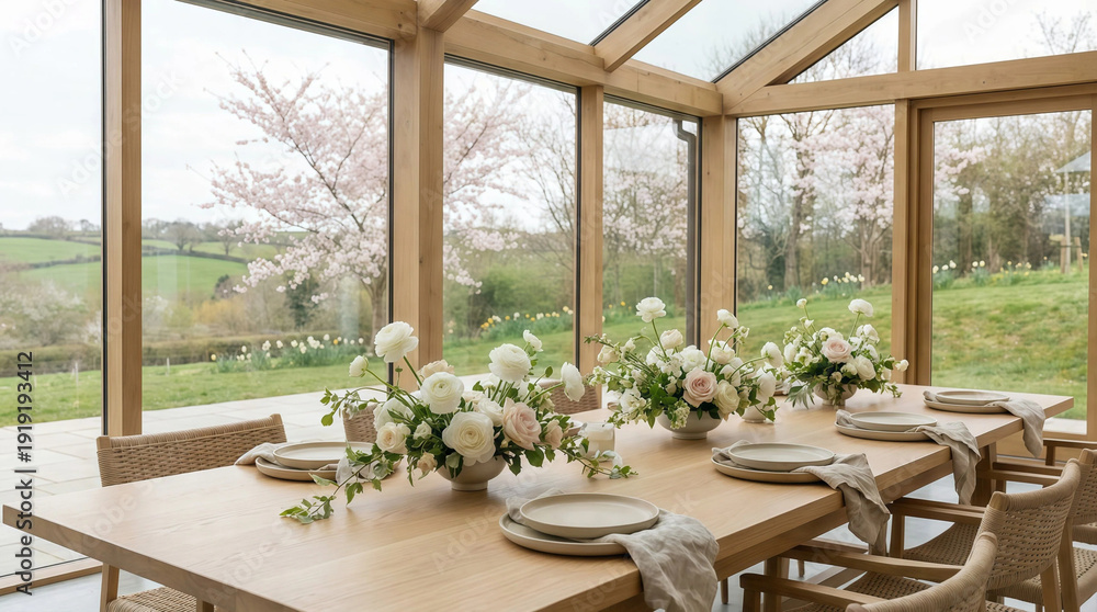 Fototapeta premium Bright sunlit conservatory dining room with a long wooden table set for a meal, elegant place settings, white and blush floral centerpieces, and a scenic countryside view.