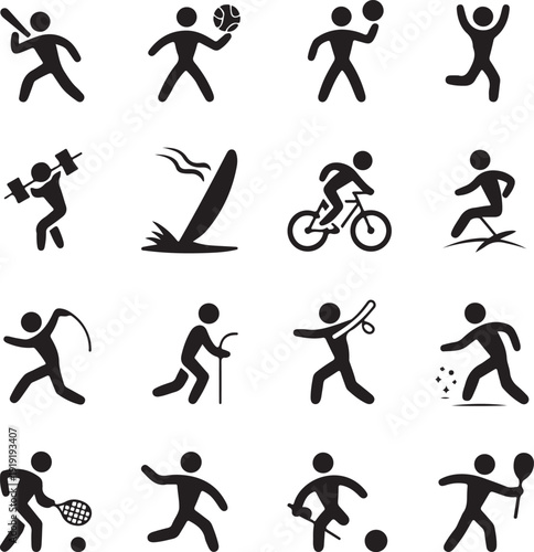 stick figures engaging in various sports activities