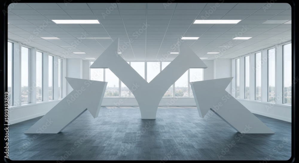 Obraz premium Three large, white arrows diverge in an empty, modern office space, suggesting choices or directions