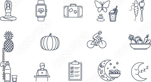 Healthy Lifestyle And Wellness Icons Set With Yoga And Fitness Elements meditation smartwatch