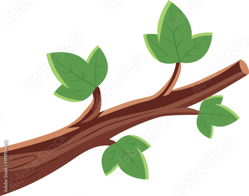 A simple illustration of a brown branch with vibrant green leaves