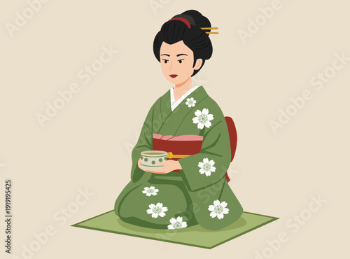 Japanese woman in a traditional green floral kimono, kneeling in a formal seiza pose while holding a tea bowl during a ceremony