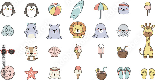 Cute summer beach icons set with animals, ice cream, shells and accessories