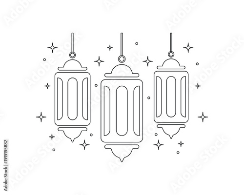 Minimalist Islamic Ramadan lantern line art set with hanging Arabic lamps and sparkling stars, elegant outline vector illustration for Eid Mubarak greeting card design
