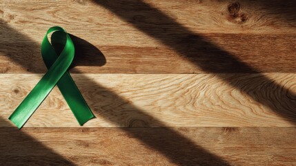Green awareness ribbon on wooden background with dramatic shadow for mental health campaign design, banner, poster, background