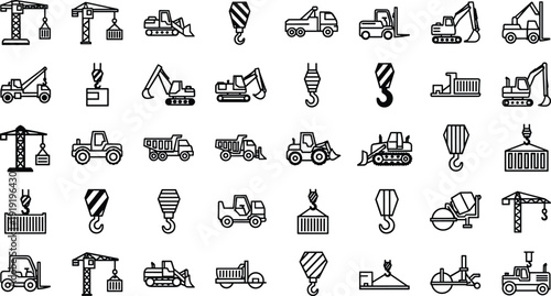 Construction equipment icon set, cranes, excavators, bulldozers, dump trucks, forklifts, concrete mixers, industrial machinery theme - flat vector illustration