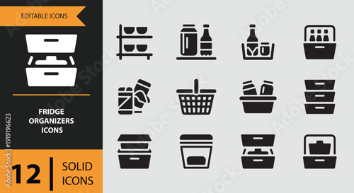 Fridge organizer solid icons refrigerator storage kitchen branding