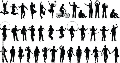 Human activity silhouette illustration set, dynamic poses, dancing, sports, music, social interaction theme - flat vector illustration