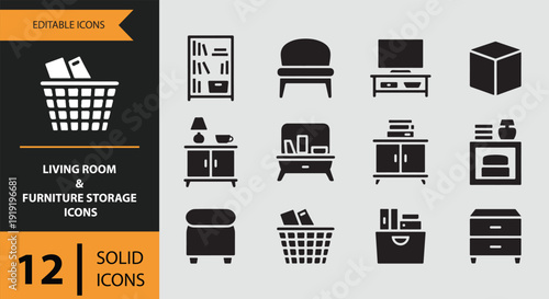 Living room and furniture storage solid icons home organization visuals
