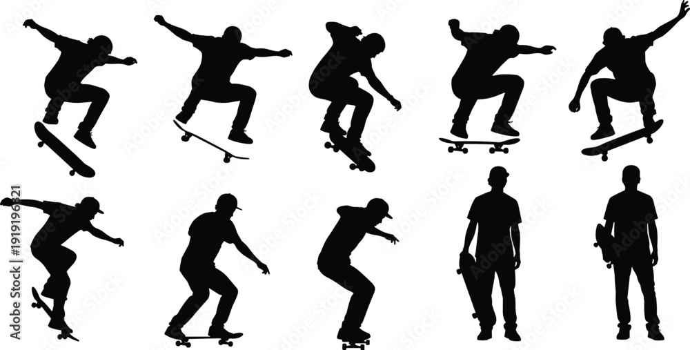 Ταπετσαρία Skateboarder silhouette set, tricks and poses, jumps, flips, riding stances, ska