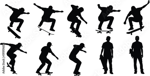 Skateboarder silhouette set, tricks and poses, jumps, flips, riding stances, skateboarding culture theme - flat vector illustration