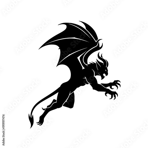 Flying Demon Silhouette Side View Fantasy Winged Monster Vector Illustration