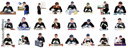 Jewelers and gemologists at work: detailed illustrations of artisans crafting, repairing, and inspecting fine jewelry, gemstones, and watches with various tools and techniques.