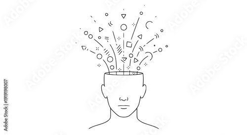 Outline drawing representing abstract concepts exploding from an open human head symbolizing innovative thinking and complex creative idea generation processes