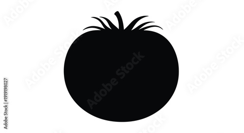 A simple black silhouette of a tomato with leafy green top