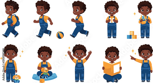 Cute little boy character set in different poses playing and learning
