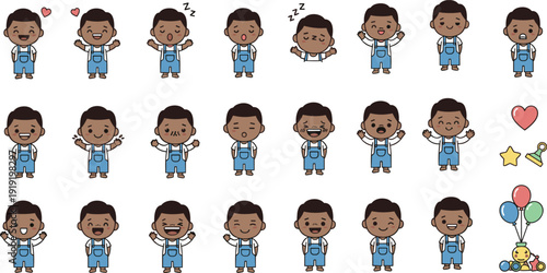 Cute little boy emoji set with many emotions and cartoon expressions