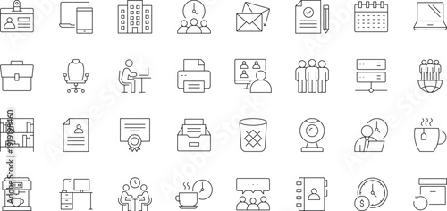Office workspace line icon set. Containing Workplace, desk, coworking, employee, computer, and more. Editable stroke. Vector
