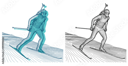 Biathlon Skier with Rifle Illustration in Linocut Style
