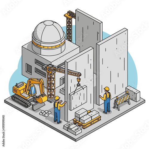 Industrial construction site with workers and heavy machinery.