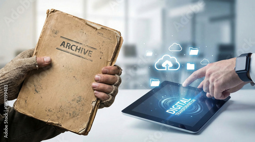 Digital transformation concept shows transition from old paper archive folder to modern cloud storage tablet device