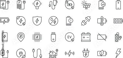 Charging outline icon set. Containing charge, battery, energy, electricity, charger, recharge, electric car, charging station, and more. Editable stroke. Vector
