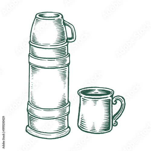 Classic Thermos Bottle and stainless glass Line Art Vector Illustration