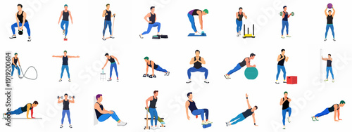 Diverse Men's Fitness Workout Routines with Equipment for Strength Training and Exercise