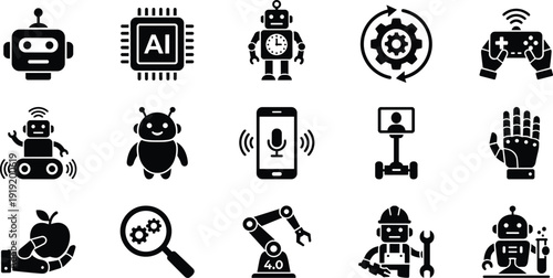 Robot and artificial intelligence icons for automation and technology vector illustration