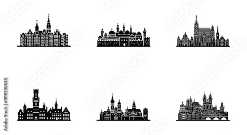 Collection of black silhouette clipart of famous world heritage sites including Jerusalem, Prague, Vienna, Krakow, Bruges, and Amsterdam on white background, flat design.