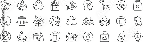 Zero Waste set of web icons in line style. A collection of eco linear icons, including recycling, waste management, composting, trash, pollution, landfill, composting, waste sorting.