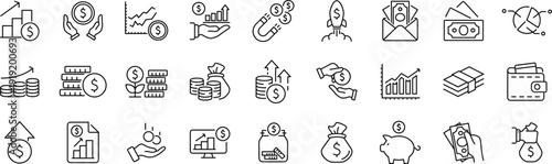 Financial profit set of web icons in line style. Money income linear icon collection. Containing money savings, finance, growth, investment, payment, earnings, management and more.
