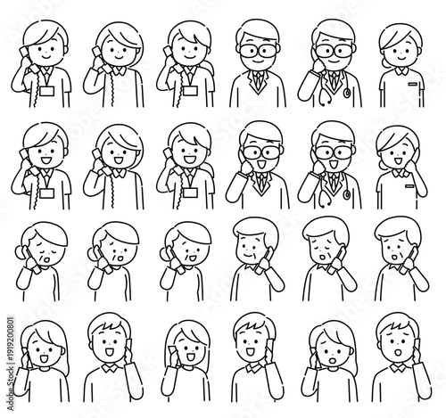 看護師と患者家族　電話応対をする人々セット　線画