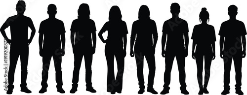 Set of black silhouettes of diverse people standing together, group of men and women in casual poses, vector illustration isolated on white background, SEO.