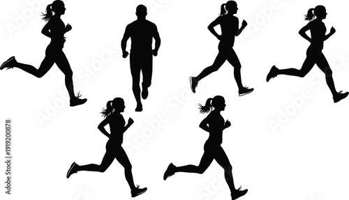 Running Silhouette Set of Men and Women Jogging in Group, Athletic People Silhouettes for Sports Training, Marathon Runners, Fitness Workout, Healthy Lifestyle Vector