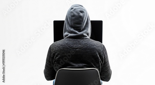 Mysterious hacker in hoodie working on computer in dark room