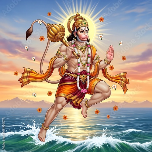 Hindu deity Hanuman flying over the ocean at sunrise or sunset with mountains