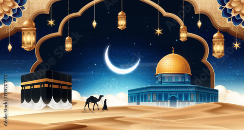 Islamic Night Desert Background Scene in Realistic Vector Style