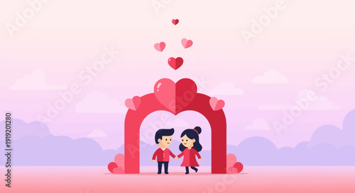 Romantic Couple Standing Under a Heart Archway: A Sweet Flat Design Vector Illustration for Valentine's Day, Wedding Anniversary, and Love Celebration with Floating Hearts and Pink Background